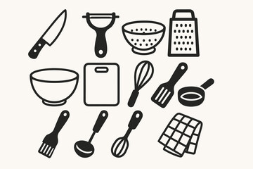Silhouette icons of kitchen utensils and tools for cooking and baking