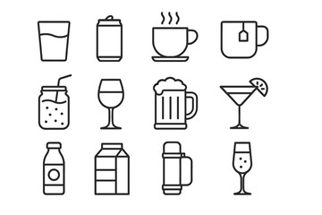 Assorted beverage icon set featuring coffee, tea, wine, juice, soda, and cocktails