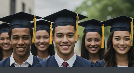 Group of diverse graduates in caps and gowns smiling at camera during ceremony. University students for graduation celebration and academic achievement