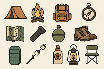 Camping gear icons: tent, campfire, backpack, compass, map, boots, flashlight, canteen, chair
