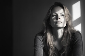 Thoughtful woman sits in a shadowed space contemplating while holding her chin, illuminated by soft light through a nearby window in an indoor setting