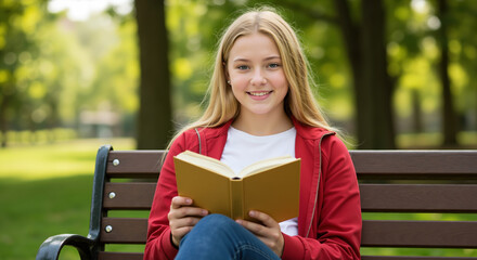Teenage girl reading book on park bench outdoors in natural setting. Literature study and outdoor learning for secondary education and reading programs