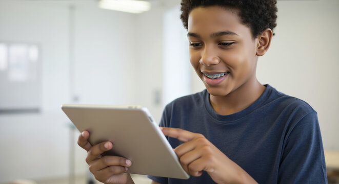 Smiling African American boy with braces using tablet in bright classroom. Digital education and technology integration for diverse student learning programs