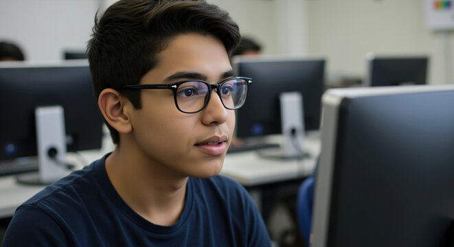 Teenage boy with glasses looking at computer screen in classroom lab. Student for technology education and digital learning programs