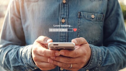 Mobile Data Loading: Hands Holding Smartphone with Progress Bar & Heart Icon for Digital Connection and Love