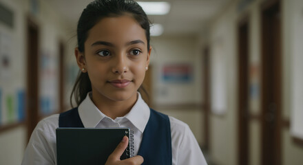 Smiling Asian girl in school uniform holding green notebook in hallway. Student portrait for education success and multicultural learning programs