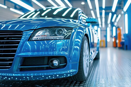 Automotive paint services showcase vibrant blue vehicle in well-lit auto body shop environment