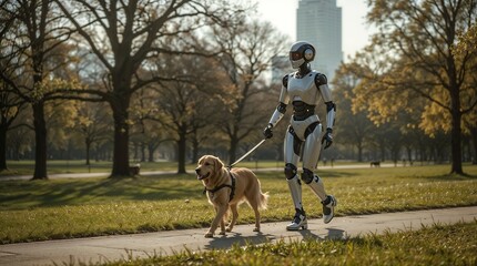 Fototapeta premium AI Robot Walking a Dog in the Park