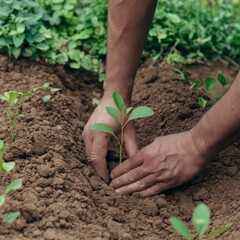 Hands planting a young seedling in rich soil&mdash;symbolizing growth, sustainability, and care for the environment. Ideal for eco campaigns, gardening brands, or educational content
