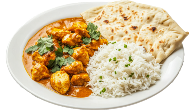 Aromatic chicken tikka masala served with fluffy basmati rice and warm naan bread.  Garnished with fresh cilantro, a delightful Indian meal.