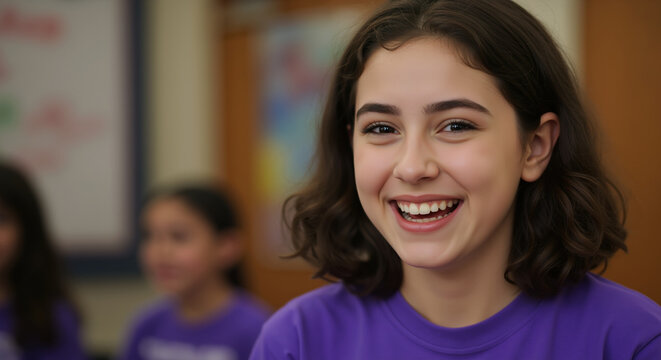 Laughing girl with curly dark hair in purple shirt with classroom background. Joyful student expression for elementary education and learning engagement programs