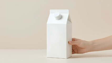 Hand holding a blank white milk or juice carton mockup. A versatile packaging template for product branding, isolated on a neutral beige background for design presentation
