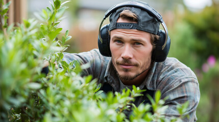  handyman expert working on a hedge trim, portrait, candid, outdoor shot, stock photography
