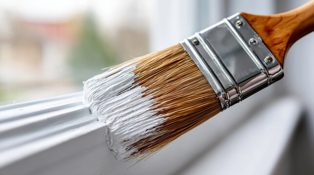 A contractor's paintbrush brushing glossy white paint onto wooden trim. The paint reflects soft daylight from a nearby window. The trim surface is ultra-smooth, with visible gleam
