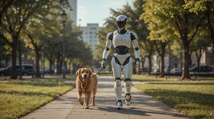 AI Robot Walking a Dog in the Park