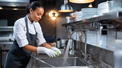 USA professional restaurant worker cleaning dishes in sink of commercial kitchen,