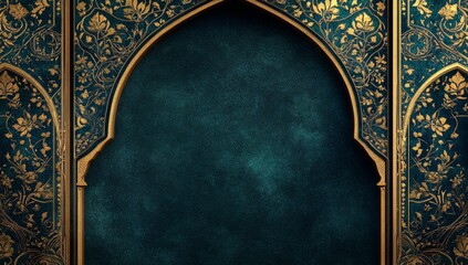 Ornate archway with teal background and gold floral patterns.
