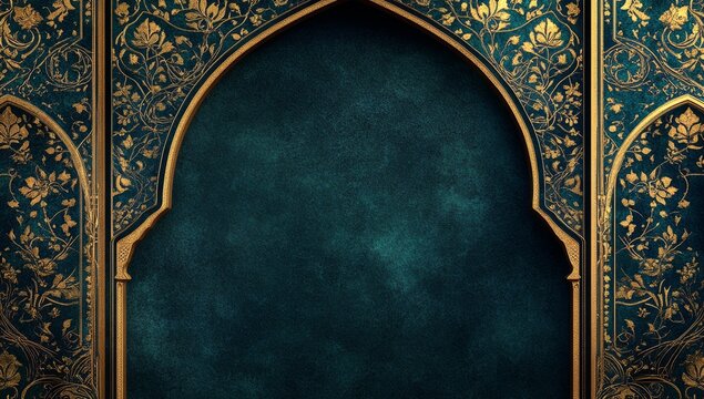Ornate archway with teal background and gold floral patterns.