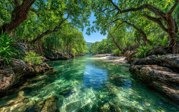 Crystal-clear river flowing beneath lush trees
