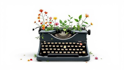 Vintage typewriter with colorful flowers and green leaves growing from it isolated on white background