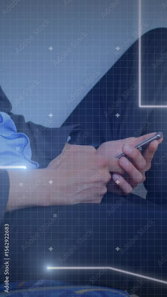 Poster holding smartphone, person sitting with data processing animation over them