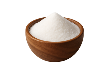 Wooden bowl filled with white crystal salt isolated on transparent background