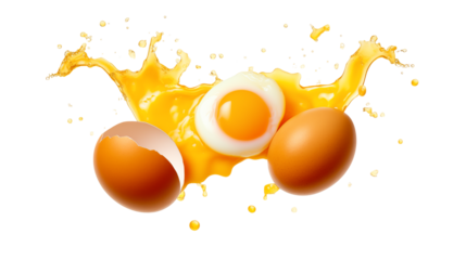 Splashing yolk surrounds fresh eggs, with one boiled egg, Isolated on transparent Background