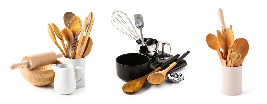 Collection of baking utensils on white background