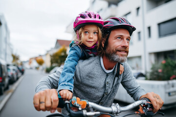 Obraz premium Close up, Father biking with his daughter to school in the morning through the neighborhood, healthy routine and affectionate parent-child relationship