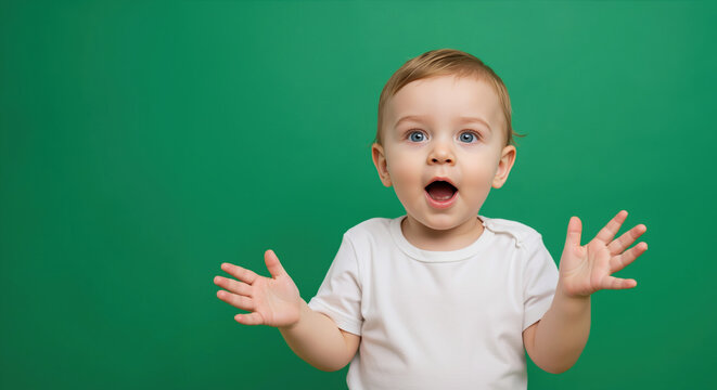 Surprised toddler with blue eyes and raised hands showing open palms against green background. Pure infant amazement and playful gestures. Baby products and childcare campaigns