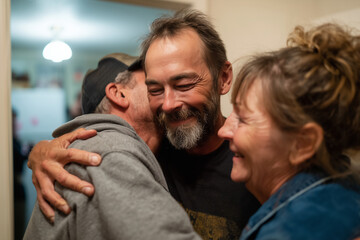 Family greeting tired miner at home after shift, emotional moment,