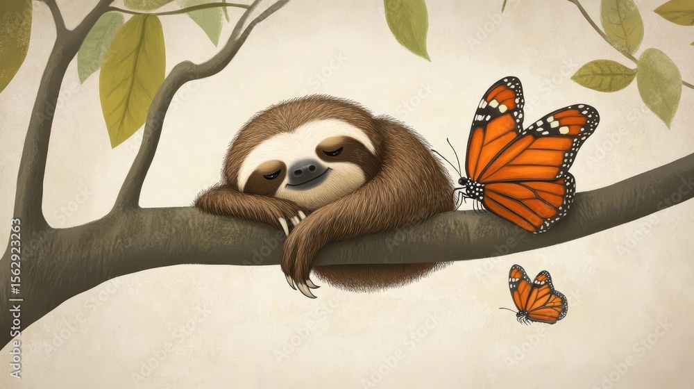 Poster sleepy sloth resting on a branch with butterflies.