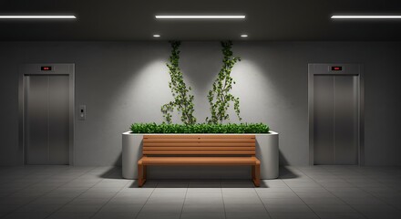 Empty Wooden Bench and Two Elevators in Modern Minimalist Waiting Area