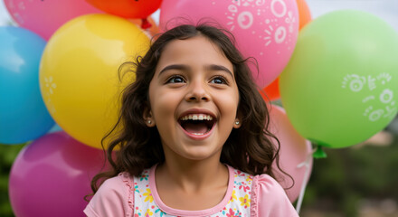Obraz premium Excited girl with open mouth and wide smile against colorful balloons background. Pure birthday celebration joy. Party events and children entertainment campaigns