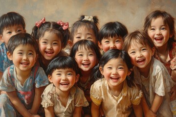 Group of joyful Asian children enjoying each other's company while smiling brightly in a fun indoor setting during daylight