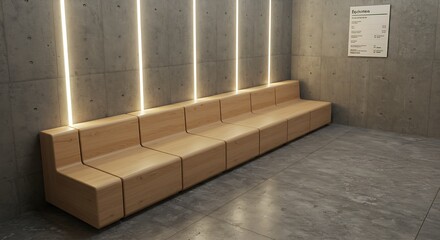 Modern Blonde Wooden Bench Against Gray Concrete Wall with Ambient Lighting