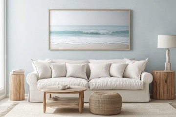 Coastal living room with framed seascape.