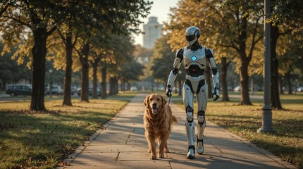 Fototapeta premium AI Robot Walking a Dog in the Park
