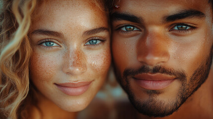 tender sunset moment between two people with intimate gaze and soft light, romantic atmosphere with copy space 