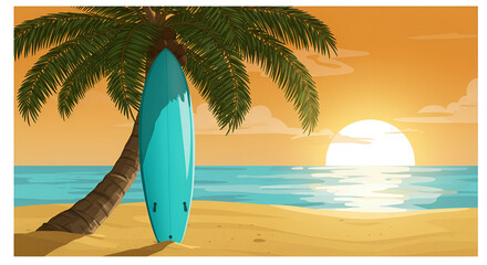 Serene Sunset Beach Scene with Surfboard