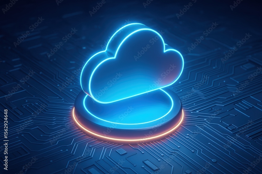 Poster cloud computing: a futuristic illustration of a glowing cloud, symbolizing data storage, set on a sl