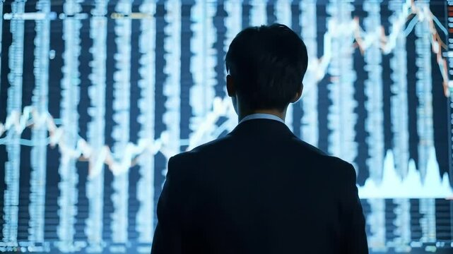 Investor analyzing stock market data on a big screen