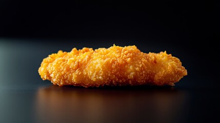 Close-up of a single, golden-brown, breaded, fried fish fillet on a black reflective surface.