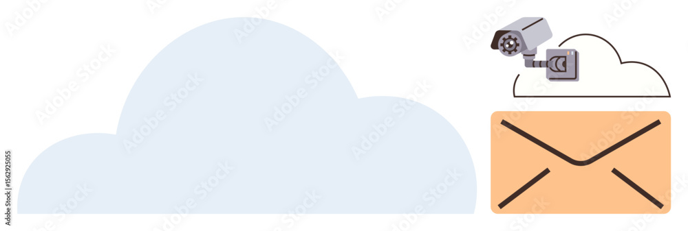 Poster cloud with a surveillance camera monitoring a closed envelope. ideal for data security, privacy, clo