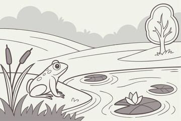Minimal Frog Pond Scene – 2D Flat Illustration
