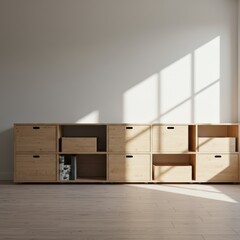 Minimalist interior with wooden storage unit and sunlight casting shadows on the wall