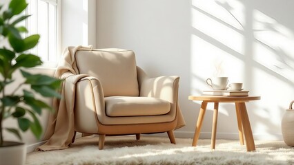 Fototapeta premium Cozy armchair with a draped blanket and side table with coffee isolated on white background