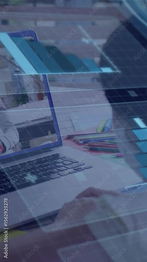 Poster animation of futuristic data visualization on laptop screen during virtual meeting
