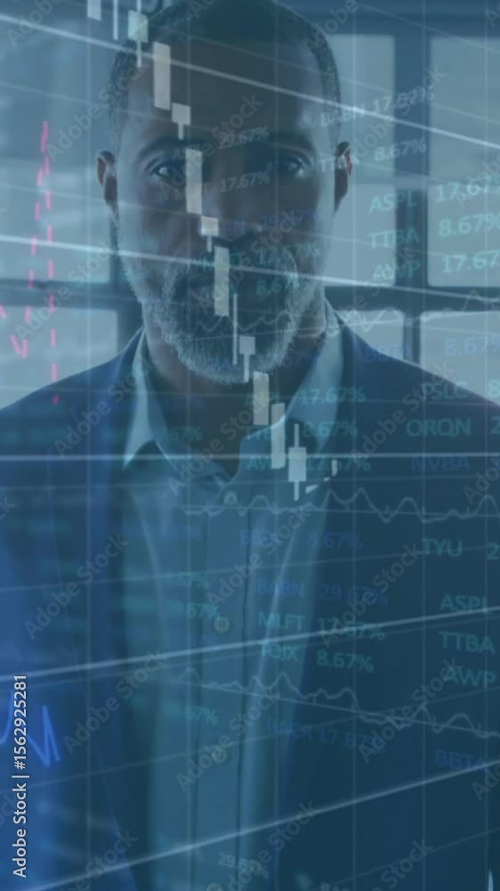 Aufkleber businessman in office with financial graphs and data processing animation overlay