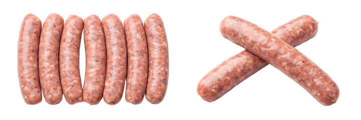 Raw sausages arranged in different layouts isolated on transparent background